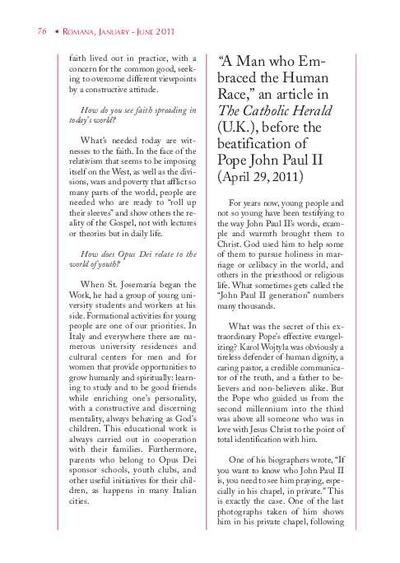'A Man who Embraced the Human Race', an article in «The Catholic Herald» (U.K.), before the beatification of Pope John Paul II (April 29, 2011). [Artículo de revista]