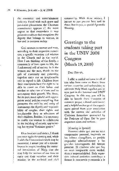 Greetings to the students taking part in the UNIV 2008 Congress (March 19, 2008). [Artículo de revista]