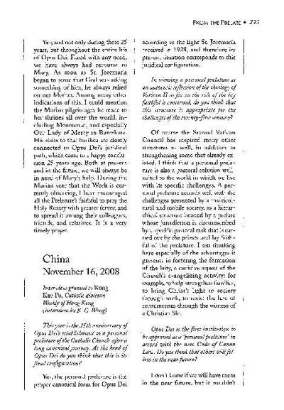 Interview granted to «Kung Kao Po», Catholic diocesan Weekly of Hong Kong (interview by K C. Wong). China (November 16, 2008). [Journal Article]