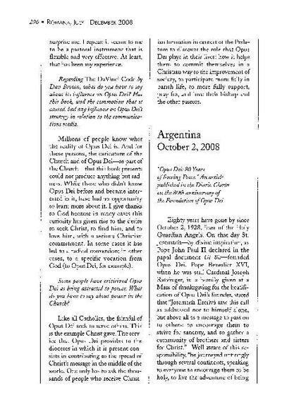 Opus Dei: 80 Years of Sowing Peace. An article published in the «Diario Clarín» on the 80th anniversary of the Foundation of Opus Dei. Argentina (October 2, 2008). [Artículo de revista]