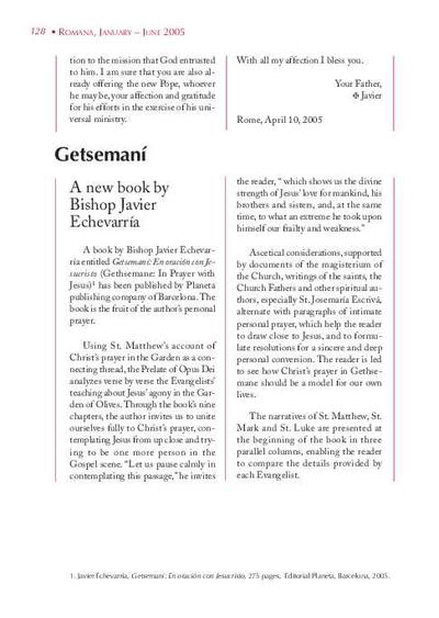 Getsemaní. A new book by Bishop Javier Echevarría. [Artículo de revista]