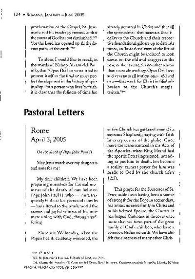 Pastoral Letter on the death of Pope John Paul II. Rome (April 3, 2005). [Artículo de revista]