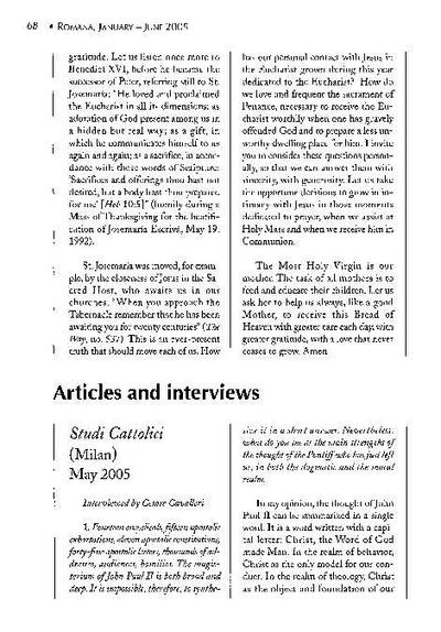 Interviewed by Cesare Cavalleri, «Studi Cattolici», Milan (May 2005). [Journal Article]