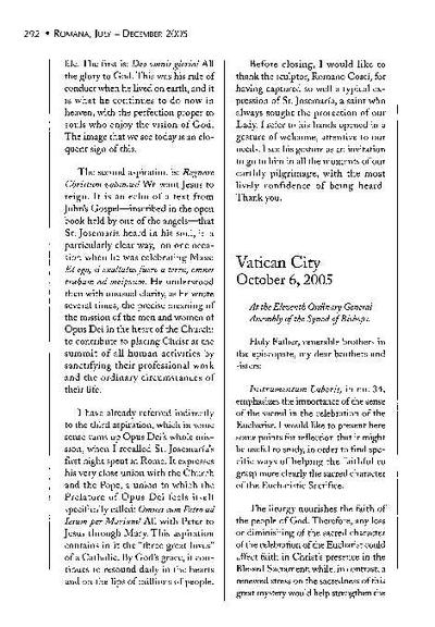 Address at the Eleventh Ordinary General Assembly of the Synod of Bishops. Vatican City (October 6, 2005). [Artículo de revista]