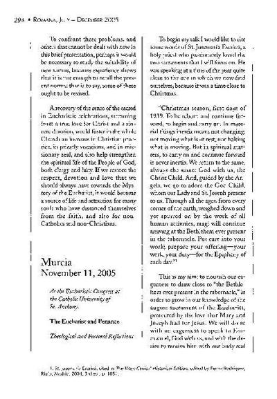 The Eucharist and Penance. Conference at the Eucharistic Congress at the Catholic University of St. Anthony. Murcia (November 11, 2005). [Journal Article]