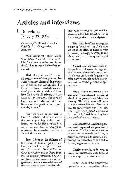 Article on the encyclical <i>Deus Caritas Est</i>, Published in «La Vanguardia», Barcelona (January 29, 2006). [Artículo de revista]