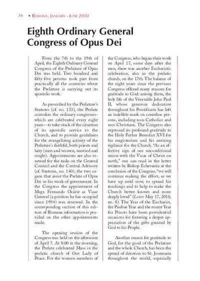 Eighth Ordinary General Congress of Opus Dei. [Artículo de revista]
