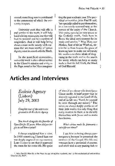 Complete text of the interview granted to the «Ecclesia Agency», Lisbon (July 29, 2003). [Artículo de revista]