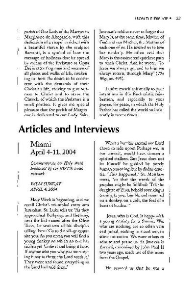 Commentaries on Holy Week broadcast by the «EWTN» radio network, Miami (April 4-11, 2004). [Journal Article]