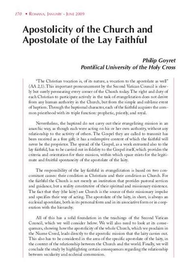 Apostolicity of the Church and Apostolate of the Lay Faithful. [Journal Article]