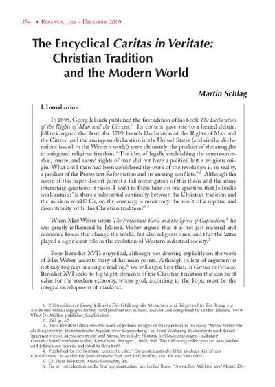 The Encyclical <i>Caritas in veritate</i>: Christian Tradition and the Modern World. [Journal Article]