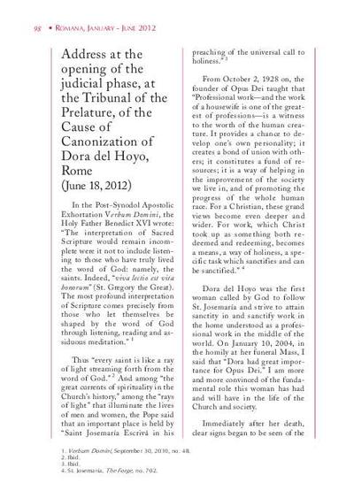 Address at the opening of the judicial phase, at the Tribunal of the Prelature, of the Cause of Canonization of Dora del Hoyo, Rome (June 18, 2012). [Artículo de revista]