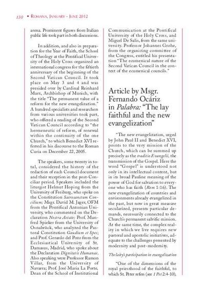 Article by Msgr. Fernando Ocáriz in «Palabra»: «The Lay Faithful and the New Evangelization». [Artículo de revista]
