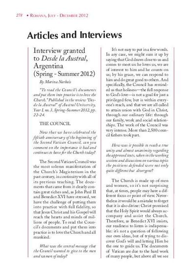 Interview granted to «Desde la Austral», Argentina (Spring-Summer 2012) [Entrevista realizada por la Universidad Austral]. [Artículo de revista]