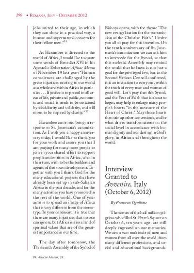 Interview Granted to «Avvenire», Italy (October 6, 2012) [Entrevista realizada por Francesco Ognibene]. [Journal Article]