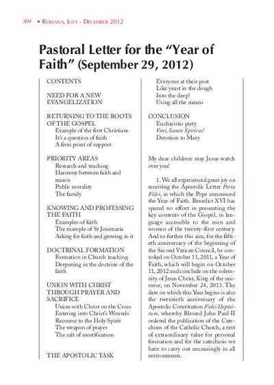 Pastoral Letter for the «Year of Faith» (September 29, 2012). [Artículo de revista]