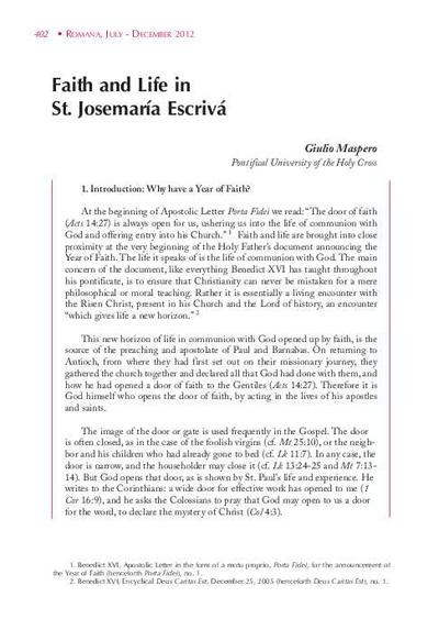 Faith and Life in St. Josemaría Escrivá. [Artículo de revista]