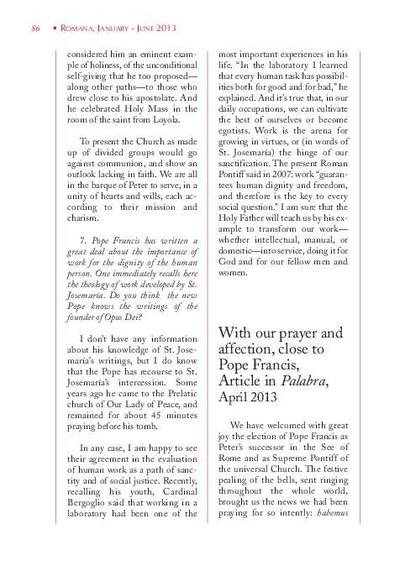 'With our prayer and affection, close to Pope Francis', Article in «Palabra», April 2013. [Journal Article]