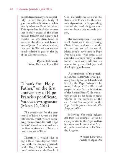 «Thank You, Holy Father», on the first anniversary of Pope Francis’s pontificate, Various news agencies (March 12, 2014). [Artículo de revista]