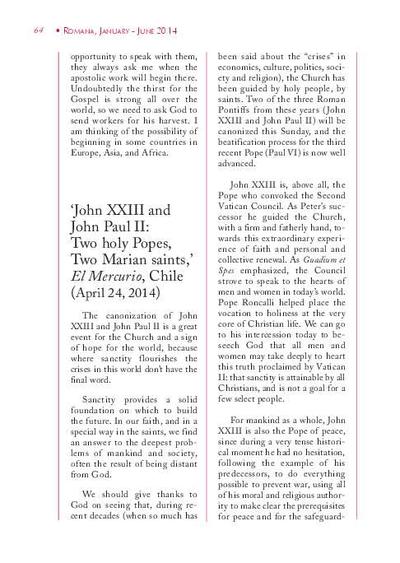 John XXIII and John Paul II: Two Holy Popes, Two Marian Saints, «El Mercurio», Chile (April 24, 2014). [Journal Article]