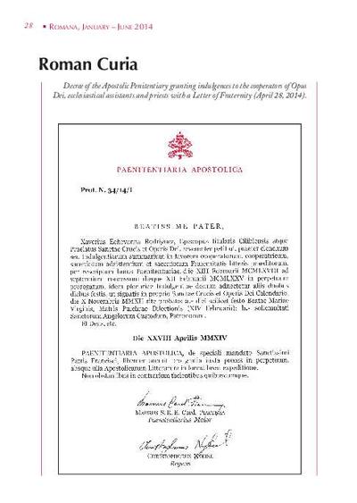[Decree of the Apostolic Penitentiary granting indulgences for cooperators of Opus Dei, ecclesiastical assistants and priests who have a Letter of Fraternity (April 28, 2014)]. [Journal Article]