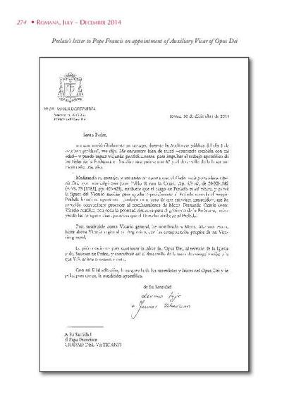 Prelate's letter to Pope Francis on appointment of Auxiliary Vicar of Opus Dei. [Journal Article]