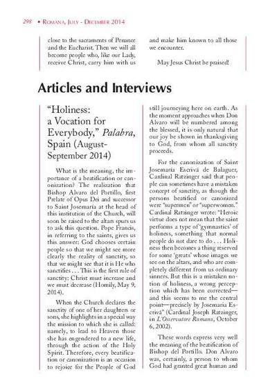 Holiness: a Vocation for Everybody, «Palabra», Spain (August-September 2014). [Artículo de revista]