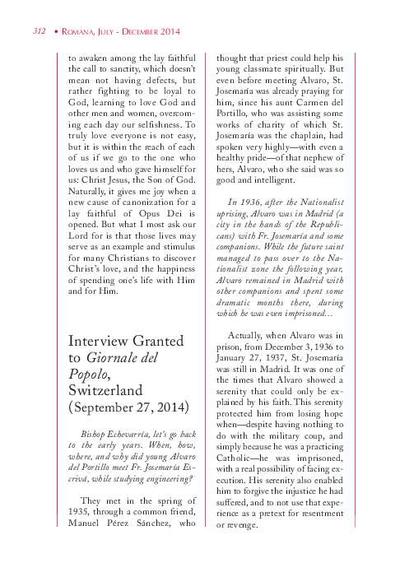 Interview Granted to «Giornale del Popolo», Switzerland (September 27, 2014) [interview by Giuseppe Rusconi]. [Artículo de revista]