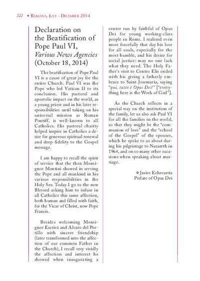 Declaration on the Beatification of Pope Paul VI, Various News Agencies (October 18, 2014). [Artículo de revista]