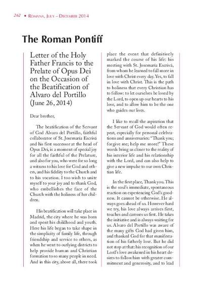 Letter of the Holy Father Francis to the Prelate of Opus Dei on the Occasion of the Beatification of Alvaro del Portillo (June 26, 2014). [Artículo de revista]