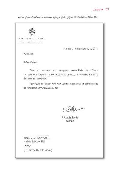 Pope Francis's expression of the thanks for Prelate's letter on appointments (December 16, 2014). [Artículo de revista]