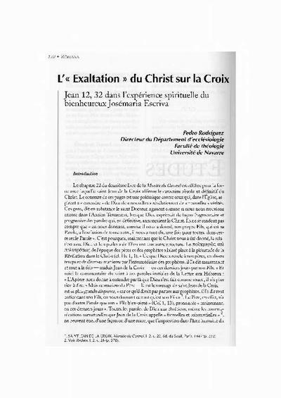 L’«Exaltation» du Christ sur la Croix: Jean 12,32 dans l’expérience spirituelle du bienhereux Josémaria Escrivá. [Journal Article]