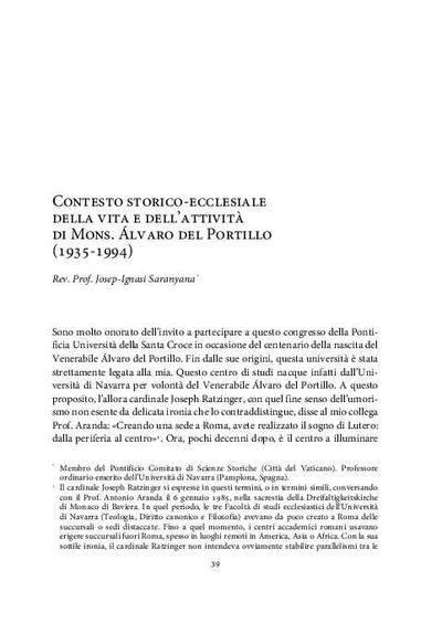 Contesto storico-ecclesiale della vita e dell'attività di Mons. Álvaro del Portillo (1935-1994). [Book Section]