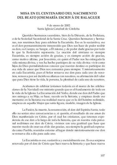 Misa en el centenario del nacimiento del Beato José María Escrivá de Balaguer (9 de enero de 2002 Santa Iglesia Catedral de Córdoba). [Artículo de revista]