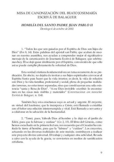 Misa de Canonización del Beato Josemaría Escrivá de Balaguer. Homilía del Santo Padre Juan Pablo II (Domingo, 6 de octubre de 2002). [Journal Article]