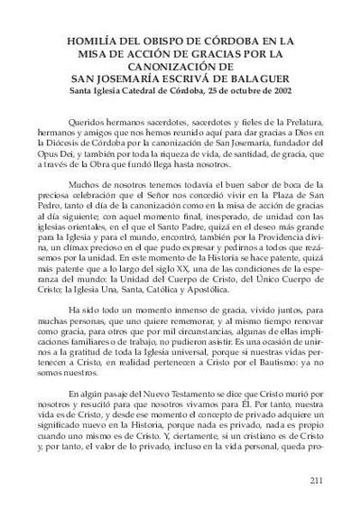 Homilía del Obispo de Córdoba en la Misa de acción de gracias por la Canonización de San Josemaría Escrivá de Balaguer. Santa Iglesia Catedral de Córdoba, 25 de octubre de 2002. [Artículo de revista]
