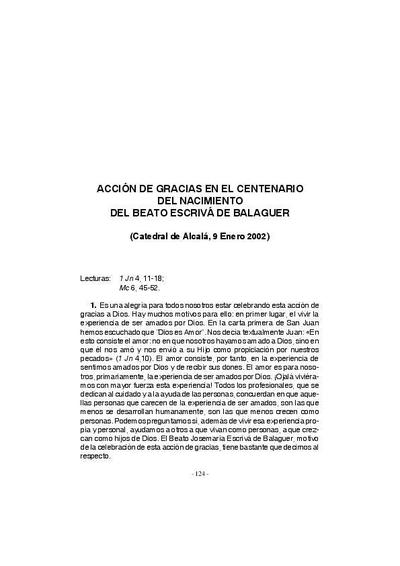 Acción de gracias en el centenario del nacimiento del beato Escrivá de Balaguer (Catedral de Alcalá, 9 de enero 2002). [Artículo de revista]