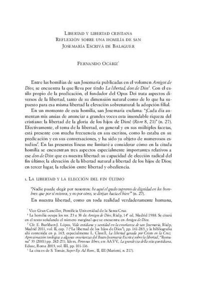 Libertad y libertad cristiana. Reflexión sobre una homilía de san Josemaría Escrivá de Balaguer. [Book Section]