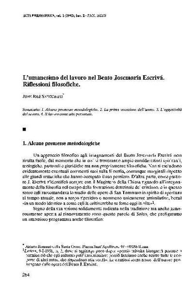 L’umanesimo del lavoro nel Beato Josemaría Escrivá. Riflessioni filosofiche. [Journal Article]