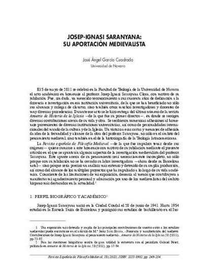 Josep-Ignasi Saranyana: su aportación medievalista. [Artículo de revista]