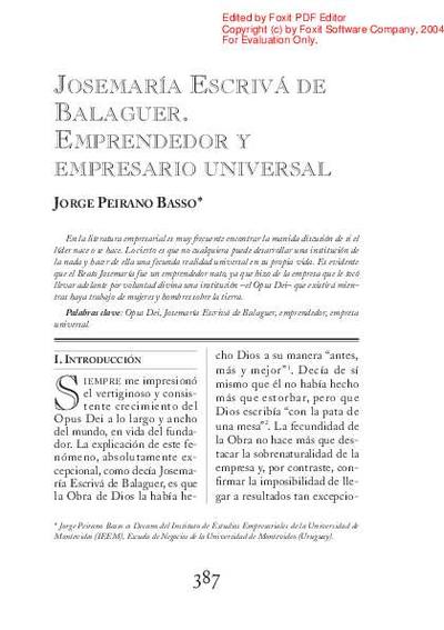 Josemaría Escrivá de Balaguer. Emprendedor y empresario universal. [Journal Article]