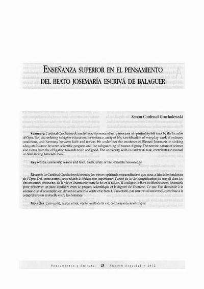 Enseñanza superior en el pensamiento del Beato Josemaría Escrivá de Balaguer. [Artículo de revista]