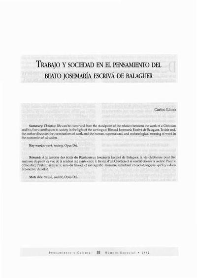 Trabajo y sociedad en el pensamiento del Beato Josemaría Escrivá de Balaguer. [Artículo de revista]