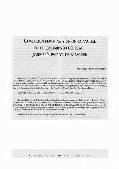 Condición femenina y unión conyugal en el pensamiento del Beato Josemaría Escrivá de Balaguer. [Journal Article]