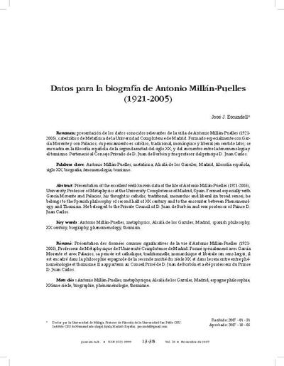 Datos para la biografía de Antonio Millán-Puelles (1921-2005). [Artículo de revista]
