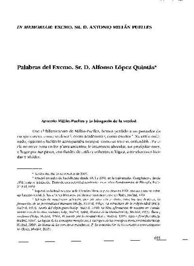 In memoriam: Excmo. Sr. D. Antonio Millán Puelles. Antonio Millán-Puelles y la búsqueda de la verdad. [Artículo de revista]