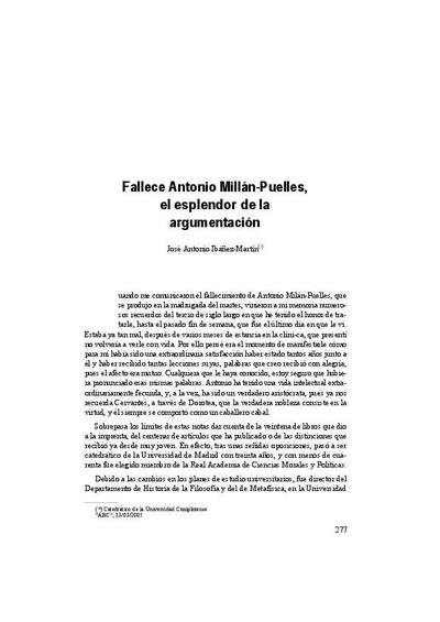 Fallece Antonio Millán-Puelles, el esplendor de la argumentación. [Artículo de revista]