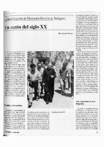Un santo del siglo XX: La beatificación de Monseñor Escrivá de Balaguer. [Journal Article]