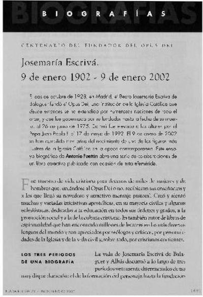 Josemaría Escrivá. 9 de enero 1902 - 9 de enero 2002: Centenario del Fundador del Opus Dei. [Artículo de revista]