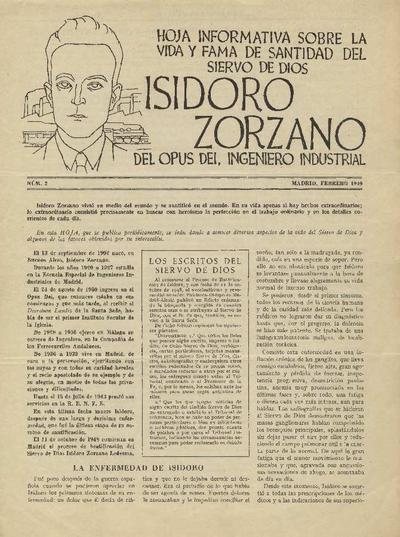 Hoja informativa sobre la vida y fama de santidad del siervo de Dios Isidoro Zorzano, del Opus Dei, ingeniero industrial. Núm. 2. [Brochure]
